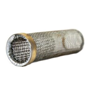 A close-up of a cylindrical metal mesh filter, resembling the Justrite Flame Arrster F/Pt & Qt Type 1, highlights its tightly woven grid against a white background. The smooth edges and slightly tarnished finish enhance its robust appearance.