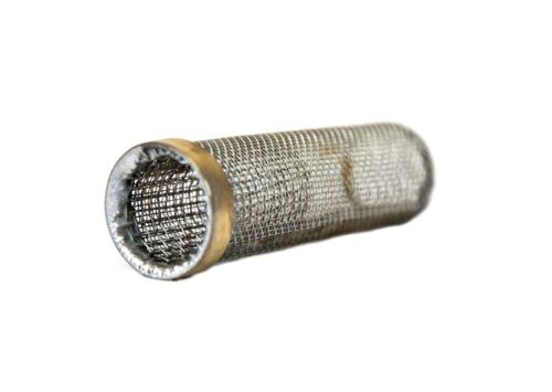 A close-up of a cylindrical metal mesh filter, resembling the Justrite Flame Arrster F/Pt & Qt Type 1, highlights its tightly woven grid against a white background. The smooth edges and slightly tarnished finish enhance its robust appearance.