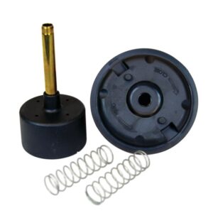 Against a white background, two black plastic caps with one having a brass nozzle are displayed next to two metal springs. The other cap is flipped upside down, showing interior details that resemble Justrite Cover for F/Plunger Can, 1Pt/1Qt specifications.