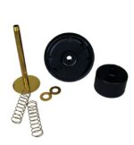 A collection of plumbing parts including a brass valve stem with disc, two metal springs, two washers, and a round black rubber diaphragm are arranged on a white backdrop. A Justrite Cover for Plunger Can (.5Gassy) adds an industrial touch, highlighting the ensembles functionality and design.