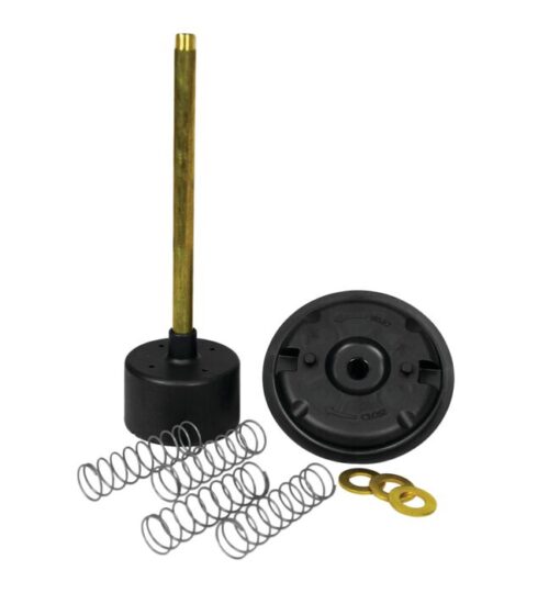 An upright metal rod with a cylindrical base stands next to a round black disc, resembling the sturdy Justrite Cover. Coiled springs and flat gold washers are meticulously arranged, reminiscent of elements for an F/Plunger Can, against a plain white backdrop.