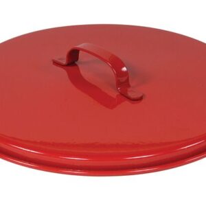 The Justrite Cover for Drain Can, 3G/5G, is a round, glossy red lid with a central handle for easy lifting. Its slightly raised edges ensure a secure fit on pots or pans.