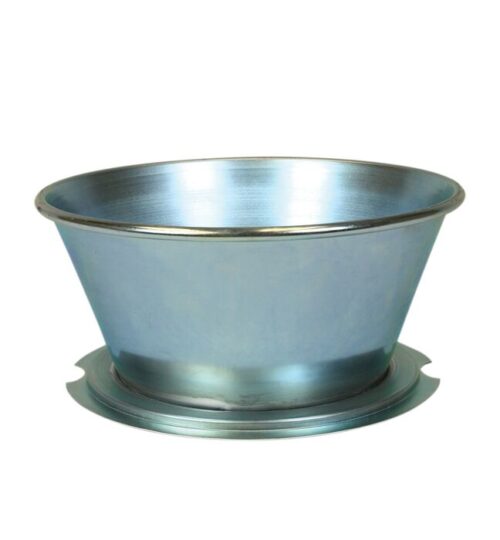 A metallic, conical bowl with a wide rim and narrow base resembles the Justrite Funnel Assembly F/Drain Can, set against a plain white background.