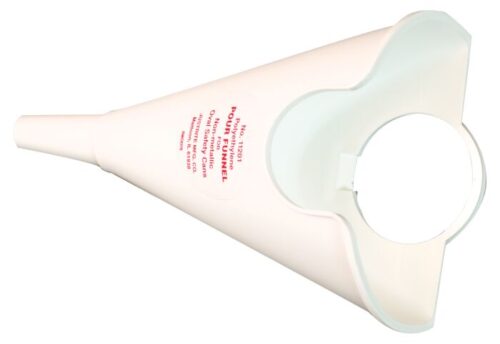 The Justrite Funnel Pour Poly F/14065&14160 is made of white plastic with red text, featuring a wide opening that tapers into a spout for efficient liquid or feed direction.