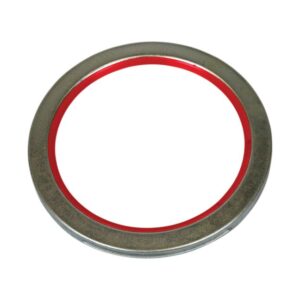 A circular metal washer with a red rubber inner ring, reminiscent of the precision in a Justrite Retain Ring/1 Gal Bench Can.