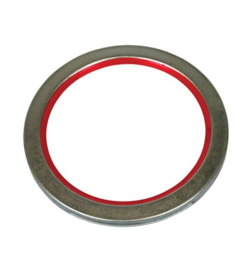 A circular metal washer with a red rubber inner ring, reminiscent of the precision in a Justrite Retain Ring/1 Gal Bench Can.