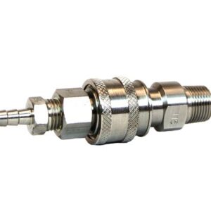 Meet the Justrite Ss Disconnect Repl-12013, a metallic quick-connect fitting with threaded ends, featuring a ridged nozzle, knurled grip, and shiny silver finish for easy and efficient hose or pipe attachment.