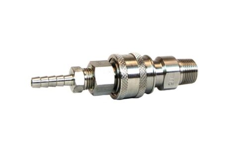 Meet the Justrite Ss Disconnect Repl-12013, a metallic quick-connect fitting with threaded ends, featuring a ridged nozzle, knurled grip, and shiny silver finish for easy and efficient hose or pipe attachment.
