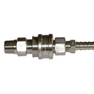 The Justrite Ss Disconnect Repl For 12014 features a metal hose coupling with threaded fittings, cylindrical and hexagonal segments, and a barbed end for secure attachment, all set against a white background.