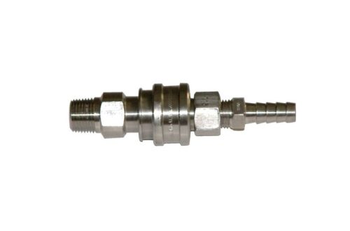The Justrite Ss Disconnect Repl For 12014 features a metal hose coupling with threaded fittings, cylindrical and hexagonal segments, and a barbed end for secure attachment, all set against a white background.