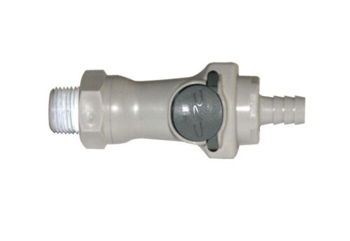 The Justrite Poly Disconnect Repl For 12012 is equipped with a gray plastic ball valve, featuring a ridged spout on one end and a threaded connector on the other. It includes a circular handle with an arrow, allowing for efficient opening and closing.