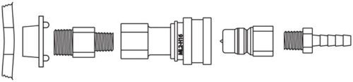 A technical drawing shows the disassembled Justrite Fitting, Discnt, Ss, Ptfe 1/4 with various components like two threaded sections, a M14x1.5 middle section, and a barbed end on the right, all aligned for precise assembly.