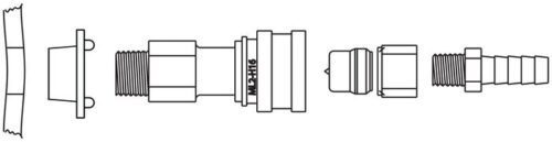 Exploded diagram of a hose fitting assembly using the Justrite Fitting, Discnt, Ss, Ptfe 3/8 seal. Components in sequence from left to right include the threaded connector, nut, and barbed fitting for hose attachment.