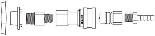 Exploded technical diagram of Justrite Fitting, Discnt, Ss, Epdm 1/4, illustrating components such as threaded sections, Ss connectors, and an Epdm 1/4 barbed end with numbers and letters marked for easy identification.