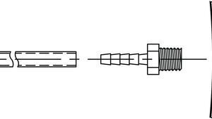 A technical drawing of the Justrite Fitting Suction Option Assembly shows four horizontally aligned components: a cylindrical tube, a split section, a threaded connector with a barbed end, and a hexagonal nut, all sharing a central axis.