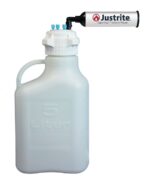 The Justrite Car, HDPE, 5L container with an 83mm cap is equipped with a top-mounted cylindrical device labeled Justrite VaporTrap Solvent Waste, featuring a small outlet and six ports, including three blue caps, for efficient waste management.