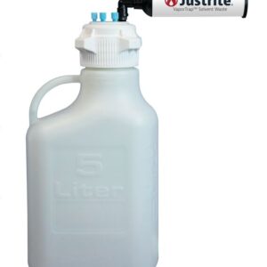 The Justrite Car, HDPE, 5L container with an 83mm cap is equipped with a top-mounted cylindrical device labeled Justrite VaporTrap Solvent Waste, featuring a small outlet and six ports, including three blue caps, for efficient waste management.