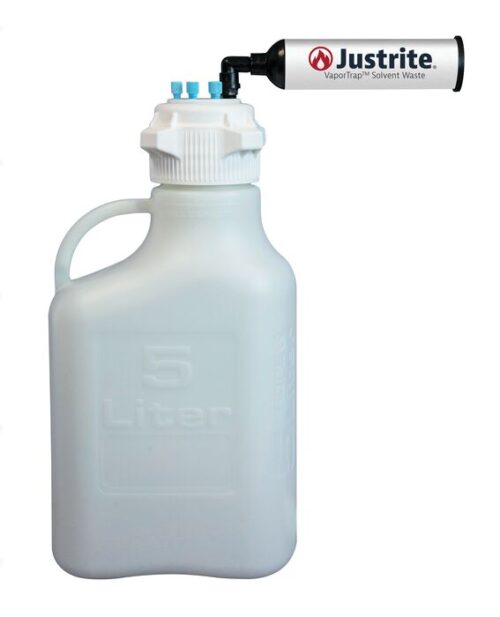The Justrite Car, HDPE, 5L container with an 83mm cap is equipped with a top-mounted cylindrical device labeled Justrite VaporTrap Solvent Waste, featuring a small outlet and six ports, including three blue caps, for efficient waste management.