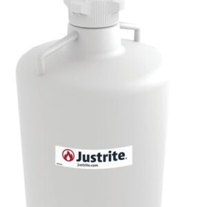 The Justrite Car HDPE 20L container features a white body, an 83mm cap, black valve with hose attachment for liquid transfer or ventilation, and displays the Justrite logo with a hazard symbol and the website Justrite.com.