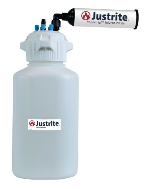 A Justrite Car HDPE 4L solvent waste container with an 83mm cap and black/white tube attachment, labeled with the Justrite logo, features a secure screw-on lid displaying the brands name.