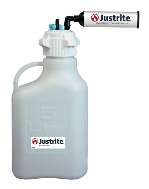 The Justrite Car HDPE 5L container with an 83mm cap, featuring a VaporTrap Solvent Waste attachment with multiple valves and a Fil-branded cylindrical addition, is perfect for solvent waste management. It includes an ergonomic handle and a clearly labeled front for easy identification.