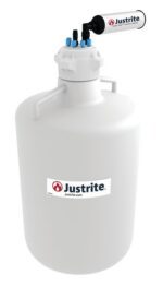 The Justrite Car container is a 20L R, large white HDPE model with an 83Mmcp side branding. It features a cylindrical top with blue and black connectors.
