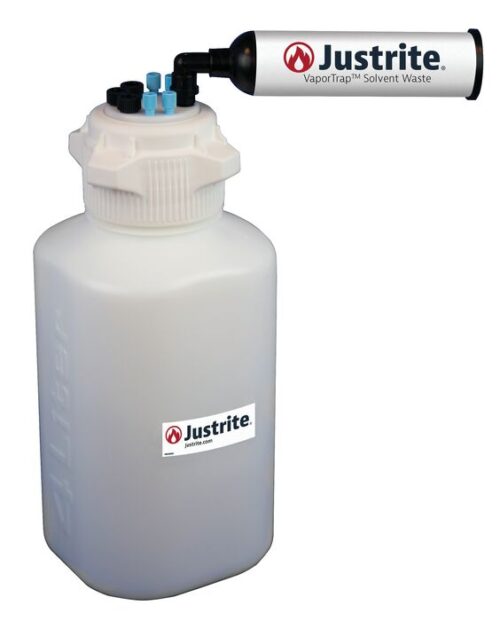 The Justrite container, labeled Car, is a 4-liter white HDPE product with an 83mm cap, a black spout, and safety features like blue ventilation valves.