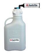The Justrite Car,Hdpe,5L,83Mmcap,7Port,Fil is a white 5-liter container with a VaporTrap attachment and large handle. It features Justrite branding and a website for enhanced safety and efficiency. The cylindrical VaporTrap also bears the Justrite logo. Integration with 7Port is pending.