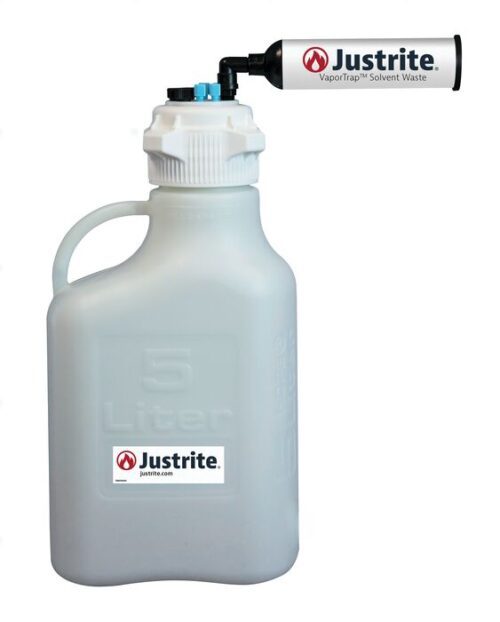 The Justrite Car,Hdpe,5L,83Mmcap,7Port,Fil is a white 5-liter container with a VaporTrap attachment and large handle. It features Justrite branding and a website for enhanced safety and efficiency. The cylindrical VaporTrap also bears the Justrite logo. Integration with 7Port is pending.