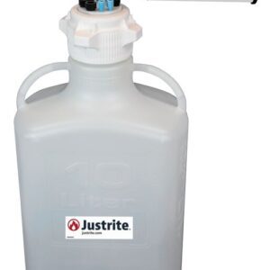 The 10L Justrite Car HDPE container includes a VaporTrap Solvent Waste attachment and has a sleek black finish with a bold white label featuring the Justrite logo. It comes with two sturdy handles and an 83Mmcap for convenience.