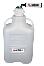 The Justrite Car is a white plastic 20L HDPE container with side handles and an 83mm cap. It features the Justrite VaporTrap Solvent Waste label and logo for easy recognition and reliability.