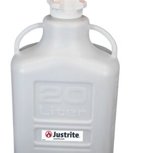 The Justrite Car is a white plastic 20L HDPE container with side handles and an 83mm cap. It features the Justrite VaporTrap Solvent Waste label and logo for easy recognition and reliability.