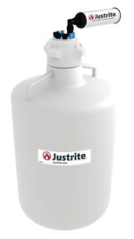 The Justrite Car, HDPE, 20L container features a secure lid with an 83Mm cap and a branded label reading Justrite on the front. A sturdy black and white handle elegantly extends from the top for easy transport.