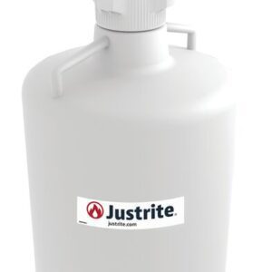 The Justrite Car, HDPE, 20L container features a secure lid with an 83Mm cap and a branded label reading Justrite on the front. A sturdy black and white handle elegantly extends from the top for easy transport.