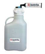 The Justrite Car, Hdpe, 5L container features an 83mm cap and durable handle with an attached VaporTrap Solvent Waste filter. The brand logo and name are elegantly displayed on both the container and filter.
