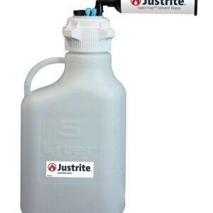 The Justrite Car, Hdpe, 5L container features an 83mm cap and durable handle with an attached VaporTrap Solvent Waste filter. The brand logo and name are elegantly displayed on both the container and filter.