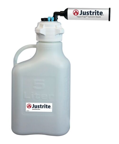 The Justrite Car, Hdpe, 5L container features an 83mm cap and durable handle with an attached VaporTrap Solvent Waste filter. The brand logo and name are elegantly displayed on both the container and filter.