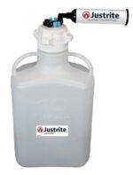 The Justrite Car features an 83Mmcap and VaporTrap Solvent Waste system, with a 10L capacity, side handles, and branding displaying the Justrite logo and website for reliable waste management. Model: Hdpe,10L,83Mmcap,8Prt,Fil.