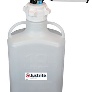 The Justrite Car features an 83Mmcap and VaporTrap Solvent Waste system, with a 10L capacity, side handles, and branding displaying the Justrite logo and website for reliable waste management. Model: Hdpe,10L,83Mmcap,8Prt,Fil.