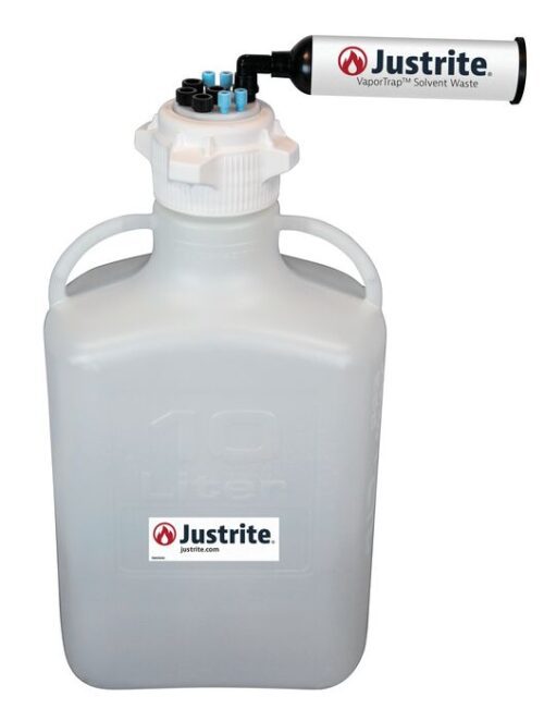 The Justrite Car features an 83Mmcap and VaporTrap Solvent Waste system, with a 10L capacity, side handles, and branding displaying the Justrite logo and website for reliable waste management. Model: Hdpe,10L,83Mmcap,8Prt,Fil.