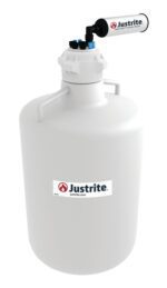 A large white Justrite HDPE hazard canister, 20L capacity, featuring a handle, lid, spout, and pump system on top.