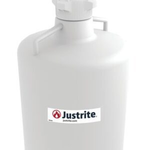 A large white Justrite HDPE hazard canister, 20L capacity, featuring a handle, lid, spout, and pump system on top.