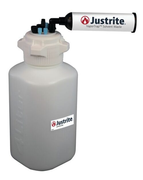 The Justrite Car solvent waste container, made from durable HDPE, features a white body with a labeled filter on top, an 83mm cap, and small blue ports for secure solvent disposal.