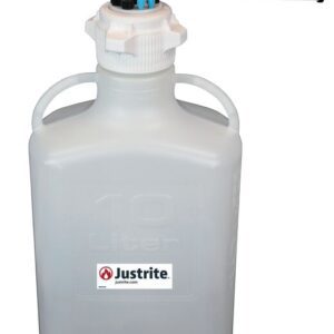 A 10-liter Justrite Car, HDPE with a vapor trap attachment and 83mm cap for secure sealing. This translucent white container is designed for solvent waste collection, featuring the Justrite logo and VaporTrap label.
