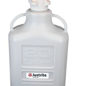 The Justrite Car 20L white container features dual handles, a spout with VaporTrap for solvent waste management, and prominently displays the Hb logo and text on the attachment top and container front.