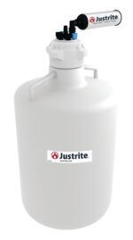The 20L Justrite Car HDPE chemical container features a spout with a black cap and label, and has two side handles for easy carrying.