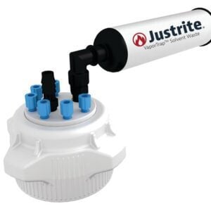 The Justrite Cap, Pp, 83Mm, 6X1/8, 1 Hb, W/Fil is a vapor trap device with blue and black connectors on a white cylindrical base, expertly crafted for efficient solvent waste management.