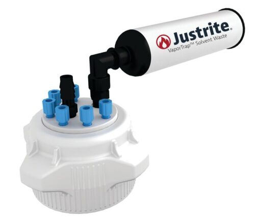 The Justrite Cap, Pp, 83Mm, 6X1/8, 1 Hb, W/Fil is a vapor trap device with blue and black connectors on a white cylindrical base, expertly crafted for efficient solvent waste management.