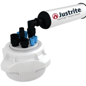 The Justrite Cap, model 83Mm with 4x1/8 and 3x1/4 ports plus a side filter, is a white VaporTrap Solvent Waste container featuring multiple top connectors and a cylindrical filter for capturing solvent vapors.