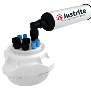The Justrite Cap,PP,83mm,4x1/8,4x1/4,W/Fil is a vapor management device with a white cylindrical filter marked Justrite VaporTrap Solvent Waste and features a round base with six colored connectors, perfect for handling solvent waste in lab or industrial settings.
